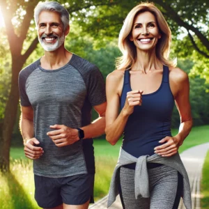 fit-looking middle-aged couple walking briskly in a park