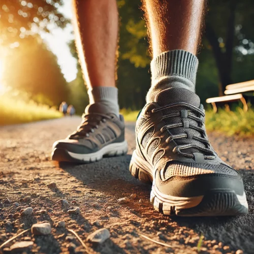 A close-up image of a pair of walking shoes on a gravel path or park trail. The shoes are in focus, showing their worn, comfortable texture and detail